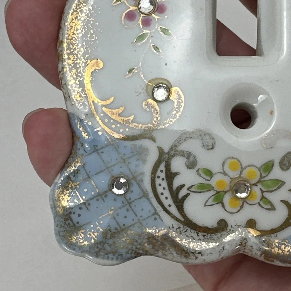 Vintage Lefton's Floral Rhinestones Porcelain Light Switch Plate Cover Blue 2685